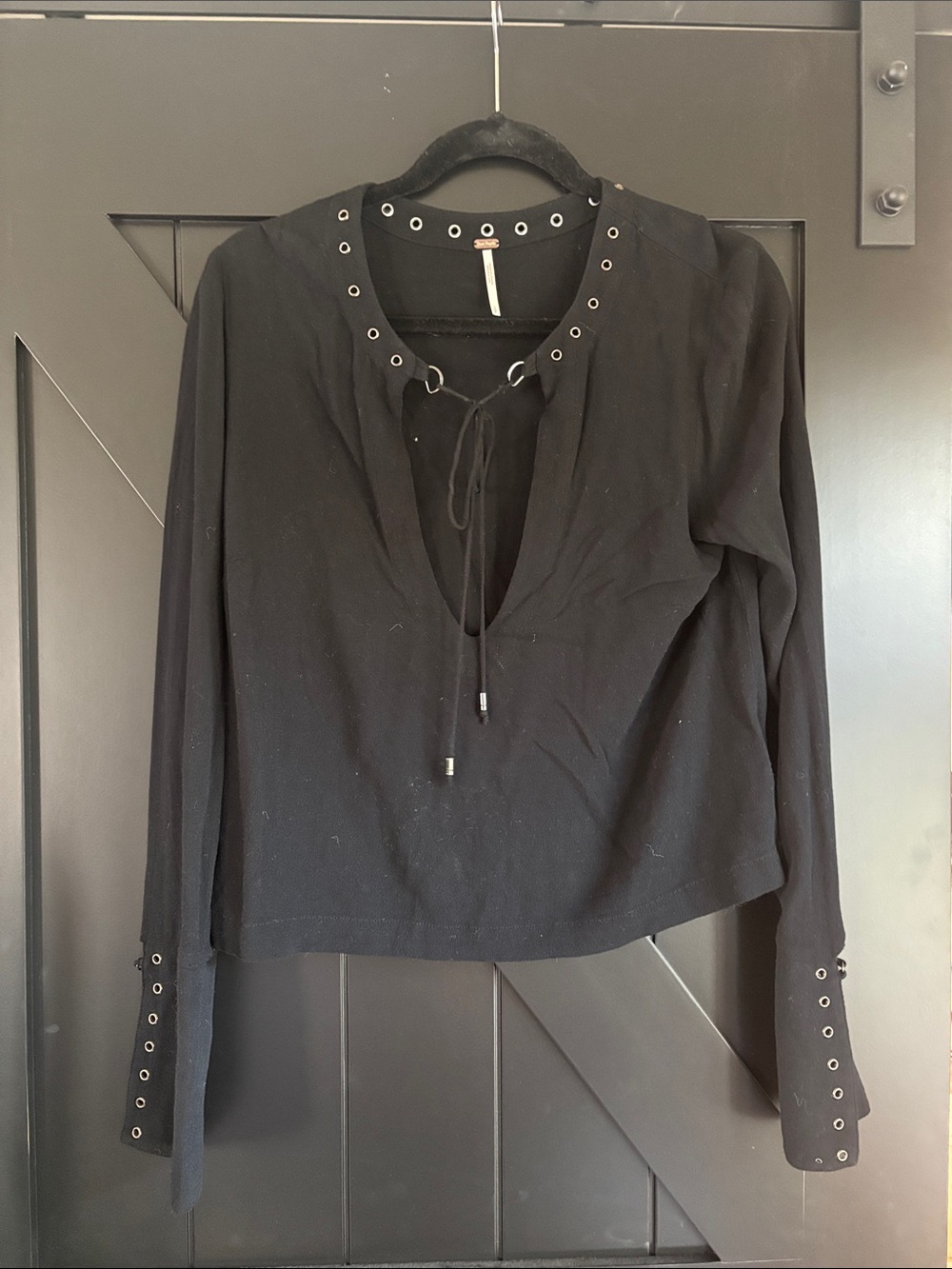 Free People Black Eyelet Lace-Up Long Sleeve Top
